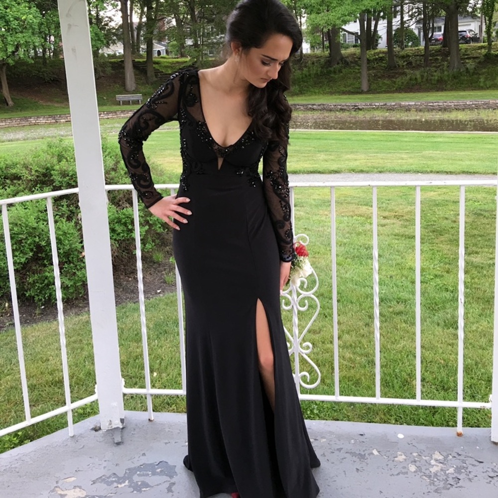 Black fitted long sleeve prom dress